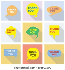 Thank you vector, appreciation and gratitude speech bubble set. Collection of cute speech balloon with shadows and writing on it. Icons set for business.  