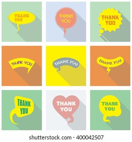 Thank you vector, appreciation and gratitude speech bubble set. Collection of cute speech balloon with shadows and writing on it. Icons set for business.  