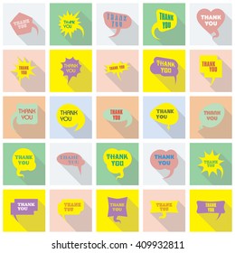 Thank you vector, appreciation and gratitude speech bubbles set. Large series of cute speech balloon with shadows and writing on it. Icons collection for retail and client oriented business.  