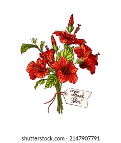 Thank You vector card with Hibiscus red flowers bouquet. Vector illustration 