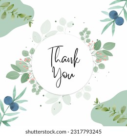 thank you, vector card of lettering and greensih watercoloured flowers