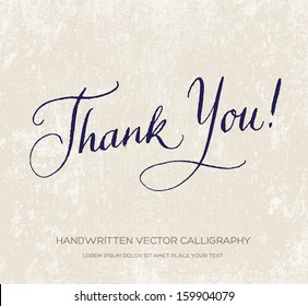 Thank you. Vector card / poster. Original handwritten calligraphy over old beige grungy weathered paper background. Dark navy ink