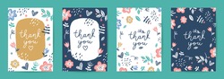 Thank You, Vector Cards Set Of Lettering And Scandinavian Flowers
