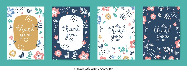 thank you, vector cards set of lettering and scandinavian flowers