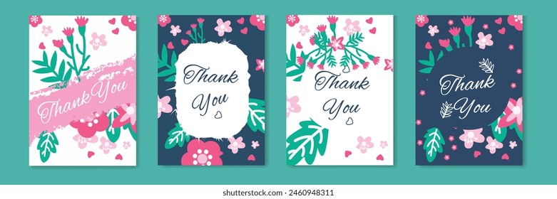 Thank you vector cards set of lettering and Scandinavian flowers