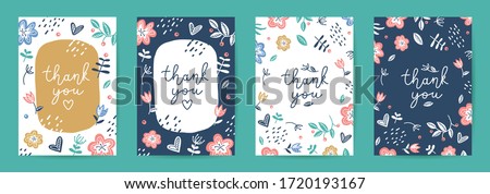 thank you, vector cards set of lettering and scandinavian flowers