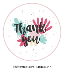 Thank you vector greeting card or postcard. Floral background. Round frame