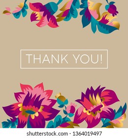 Thank you vector greeting card, postcard concept. Gratitude message in decorative floral frame. Elegant flowers and typography composition. Thanksgiving poster, banner with botanical border