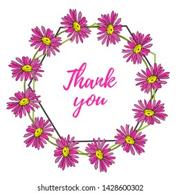 Thank you vector greeting card with pink daisy wreath