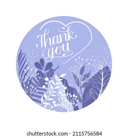 Thank you vector greeting card with leaves and plants in purple, very peri tones