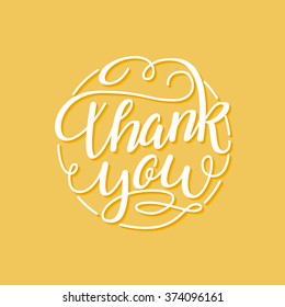 Thank You vector hand written calligraphic flourish lettering on orange background. Thanksgiving gratitude greeting card. Handmade concept.