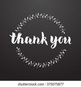 Thank You vector hand written calligraphic lettering on black background with ornament. Thanksgiving gratitude greeting card. Handmade concept.