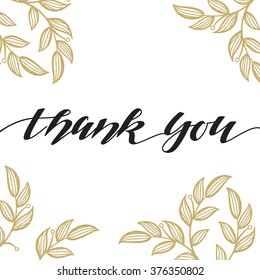 Thank You vector hand written calligraphic lettering on white background with gold floral pattern.