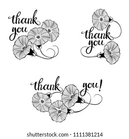 Thank you! Vector illustration with  bindweed and handmade calligraphy on white background. Three monochrome variations.