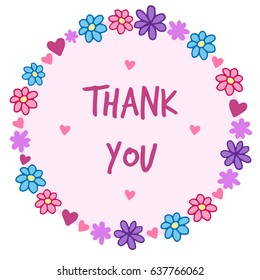 Thank you vector illustration drawing, greeting card with cute flower and heart wreath, isolated with transparent background, circle with light pink inside and writing.