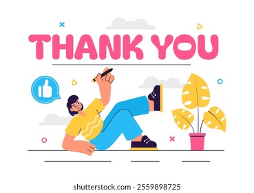 Thank You Vector Illustration Featuring a Letter in an Envelope, Perfect for Posters, Web Banners, Brochures, or Cards in a Flat Style Background