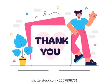 Thank You Vector Illustration Featuring a Letter in an Envelope, Perfect for Posters, Web Banners, Brochures, or Cards in a Flat Style Background