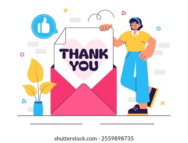 Thank You Vector Illustration Featuring a Letter in an Envelope, Perfect for Posters, Web Banners, Brochures, or Cards in a Flat Style Background