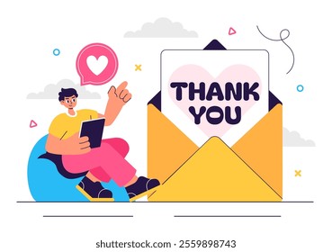 Thank You Vector Illustration Featuring a Letter in an Envelope, Perfect for Posters, Web Banners, Brochures, or Cards in a Flat Style Background