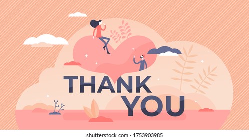 Thank you vector illustration. Gratitude banner flat tiny persons concept. Kind communication and answer to birthday or wedding celebration invitation. Abstract thankful couple text scene in postcard.