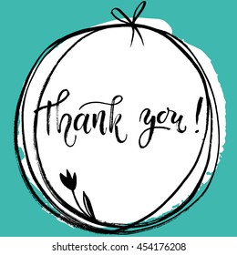 Thank you! Vector isolated hand drawn hand lettering with elegant round botanical tulip wreath. Printable wedding card template. Modern brush pen calligraphy. Cute words and phrases. Ready-to print.