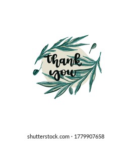 Thank you vector label with olive branches. Design for book illustration or cosmetic product label