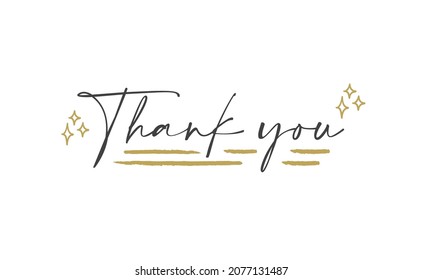 Thank you vector lettering. Beautiful greeting card, Calligraphy text word with gold frame. Hand drawn design. Handwritten modern brush lettering.
