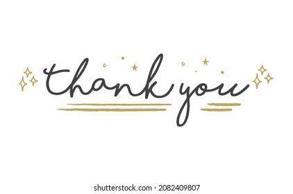 Thank you vector lettering. Beautiful greeting card, Calligraphy text word with gold frame. Hand drawn design. Handwritten modern brush lettering.