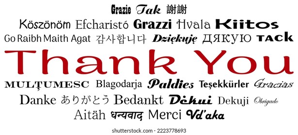 Thank you vector lettering. Worldwide languages. White back.
European Union languages, Chinese, Japanese, Korean, Ukrainian, Hindi in red and black.