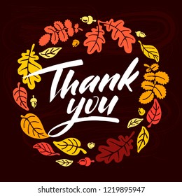 Thank you vector typography illustration for greeting card, calendar, magazine, invitation, banner, poster. Autumn graphic design element. Handwritten brush lettering illustration. EPS 10. 
