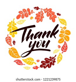 Thank you vector typography illustration for greeting card, calendar, magazine, invitation, banner, poster. Autumn graphic design element. Handwritten brush lettering illustration. EPS 10. 