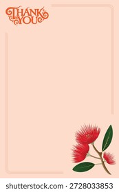 Vielen Dank vertikale leere mit ikonischen Neuseeland pohutukawa Baum. Dankesbrief-Vorlage, Dankesbrief-Vorlage, Aprikosenfarbhintergrund.