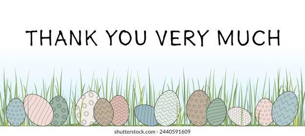 Thank you very much. Thank you card with pastel-colored Easter eggs in the grass.