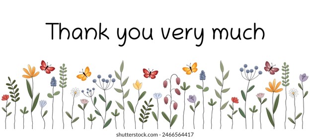 Thank you very much. Thank you card with colorful flowers and butterflies.