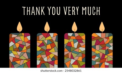 Thank you very much. Thank you card with four colorful candles on a black background.