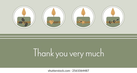 Thank you very much. Thank you card with four decorated candles in green, gold and anthracite.