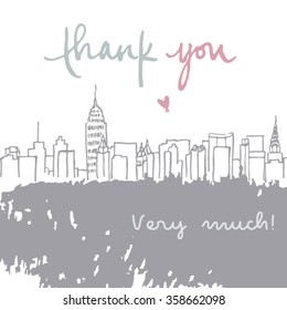 Thank you very much handwritten vector illustration, city, holiday card.