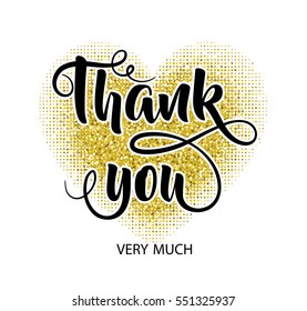 Thank you very much. Lettering composition on the background of a golden heart. Golden sparkles texture. Vector design.