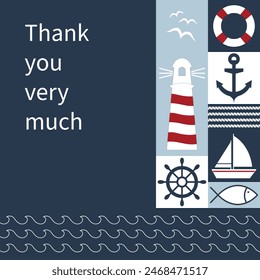 Thank you very much. Maritime thank you  card with lighthouse, anchor, sailing boat, fish, seagulls, lifebuoy and steering wheel.