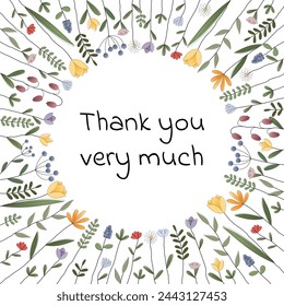 Thank you very much. Square thank you  card with a frame of colorful flowers.