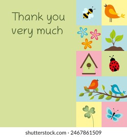 Thank you very much. Square card with spring symbols in pastel colors.