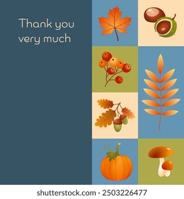 Thank you very much. Square card with pumpkin, maple leaf, acorns, chestnuts, berries and mushrooms.