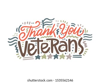 Thank You Veterans. Hand lettering greeting card with textured handcrafted letters and background in retro style. Hand-drawn vintage typography illustration
