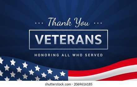 Thank you Veterans - Honoring all who served vector illustration. USA flag waving on blue background. Veterans day card