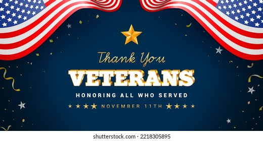 Thank you Veterans - Honoring all who served banner vector illustration. USA flag waving with gold confetti on navy blue background.
