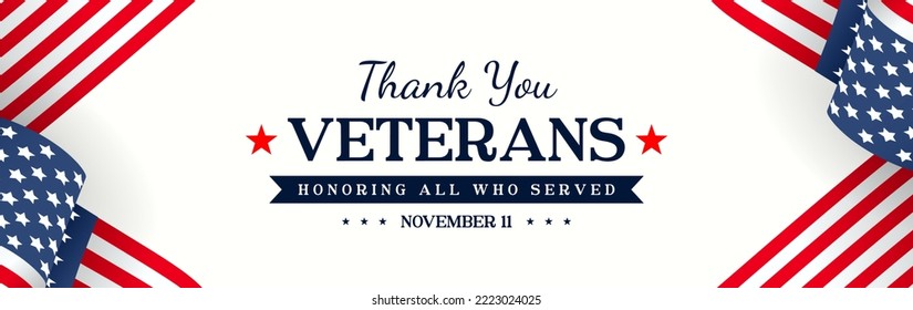 Thank you Veterans, Honoring all who served greeting card vector design. USA flag on white banner background.	