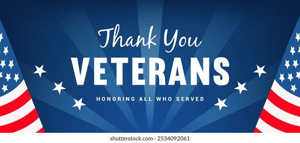Thank You Veterans - Honoring all who served banner vector design. American flag on blue background
