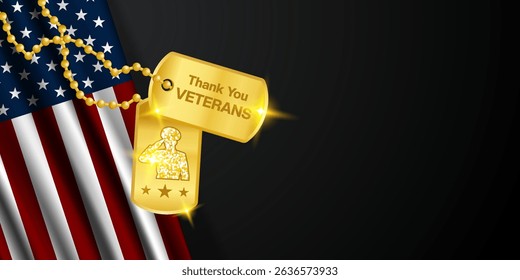 Obrigado Veteranos Homenageando Todos Que Serviram. Bandeira americana, marcas militares e área para texto. Ótimo para cartazes, banners e mídias sociais. Fundo preto.