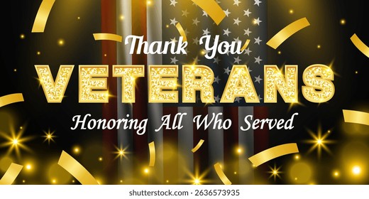 Obrigado Veteranos Homenageando Todos Que Serviram. Bandeira americana, luz e fita. Ótimo para cartazes, banners e mídias sociais. Fundo preto.
