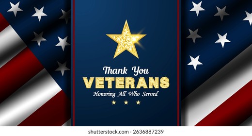 Thank You Veterans Honoring All Who Served. Great for posters, banners and social media. Blue background.